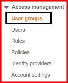 Picture showing the user groups menu in the aws console